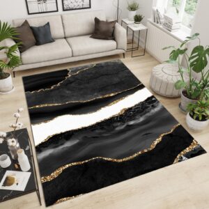 Area Rugs 3x5ft, Black White Marble Texture Living Room Decor Carpet, Gold Stripe Light Luxury Coffee Table Rug, Fluffy Soft Washable Breathable Durable for Hotel Home Decor Entrance Hall Patio