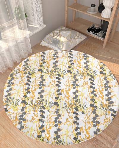 Multicolor Branches Fluffy Round Area Rug Carpets 5ft, Plush Shaggy Carpet Soft Circular Rugs, Non-Slip Fuzzy Accent Floor Mat for Living Room Bedroom Nursery Home Decor Botanical Plant Leaves Print