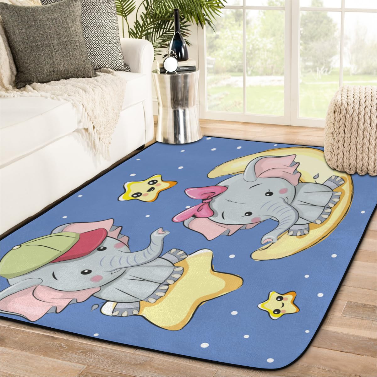 Elephant Moon Stars Area Rug for Bedroom Living Room 4.8 x 6.6 Feet Soft Fluffy Indoor Floor Carpet Non-Slip Washable Modern Rugs for Dorm Nursery Kids Room Home Decor