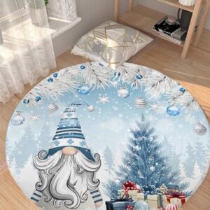 Christmas Fluffy Round Area Rug Carpets 5ft, Plush Shaggy Carpet Soft Circular Rugs, Non-Slip Fuzzy Accent Floor Mat for Living Room Bedroom Nursery Home Decor Winter Gnomes Xmas Silver Tree Pine Blue