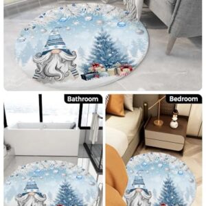 Christmas Fluffy Round Area Rug Carpets 5ft, Plush Shaggy Carpet Soft Circular Rugs, Non-Slip Fuzzy Accent Floor Mat for Living Room Bedroom Nursery Home Decor Winter Gnomes Xmas Silver Tree Pine Blue