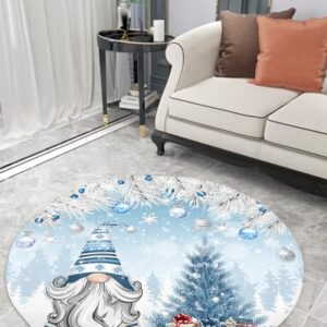 Christmas Fluffy Round Area Rug Carpets 5ft, Plush Shaggy Carpet Soft Circular Rugs, Non-Slip Fuzzy Accent Floor Mat for Living Room Bedroom Nursery Home Decor Winter Gnomes Xmas Silver Tree Pine Blue