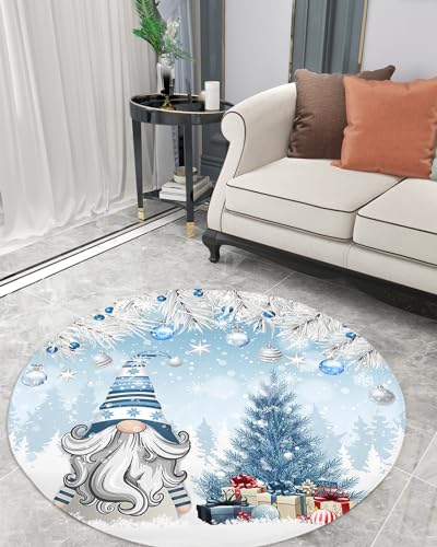 Christmas Fluffy Round Area Rug Carpets 5ft, Plush Shaggy Carpet Soft Circular Rugs, Non-Slip Fuzzy Accent Floor Mat for Living Room Bedroom Nursery Home Decor Winter Gnomes Xmas Silver Tree Pine Blue