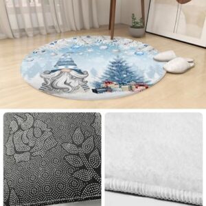 Christmas Fluffy Round Area Rug Carpets 5ft, Plush Shaggy Carpet Soft Circular Rugs, Non-Slip Fuzzy Accent Floor Mat for Living Room Bedroom Nursery Home Decor Winter Gnomes Xmas Silver Tree Pine Blue