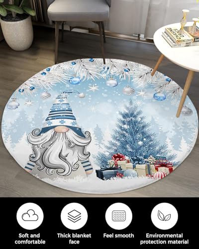 Christmas Fluffy Round Area Rug Carpets 5ft, Plush Shaggy Carpet Soft Circular Rugs, Non-Slip Fuzzy Accent Floor Mat for Living Room Bedroom Nursery Home Decor Winter Gnomes Xmas Silver Tree Pine Blue