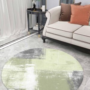 Modern Sage Green Fluffy Round Area Rug Carpets 5ft, Plush Shaggy Carpet Soft Circular Rugs, Non-Slip Fuzzy Accent Floor Mat for Living Room Bedroom Nursery Home Decor Abstract Grey White Painted Art