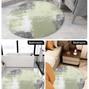 Modern Sage Green Fluffy Round Area Rug Carpets 5ft, Plush Shaggy Carpet Soft Circular Rugs, Non-Slip Fuzzy Accent Floor Mat for Living Room Bedroom Nursery Home Decor Abstract Grey White Painted Art