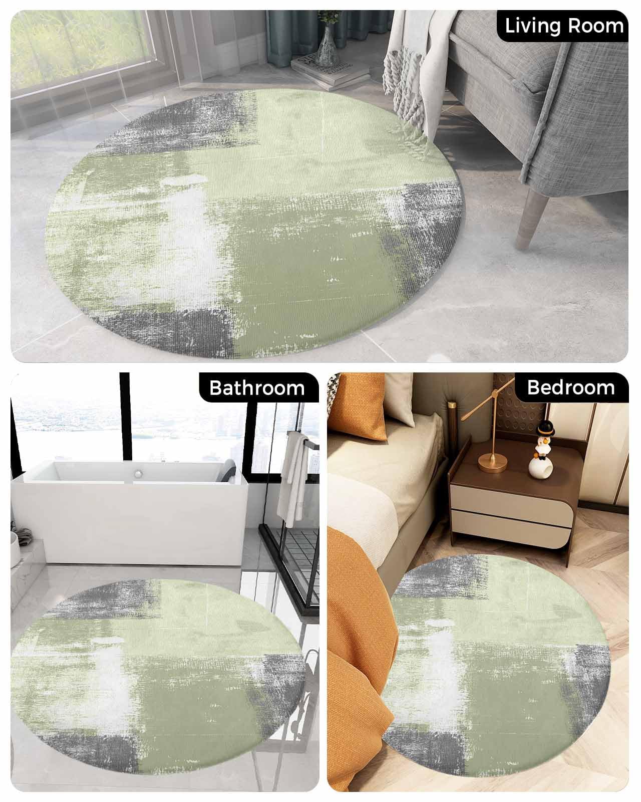 Modern Sage Green Fluffy Round Area Rug Carpets 5ft, Plush Shaggy Carpet Soft Circular Rugs, Non-Slip Fuzzy Accent Floor Mat for Living Room Bedroom Nursery Home Decor Abstract Grey White Painted Art