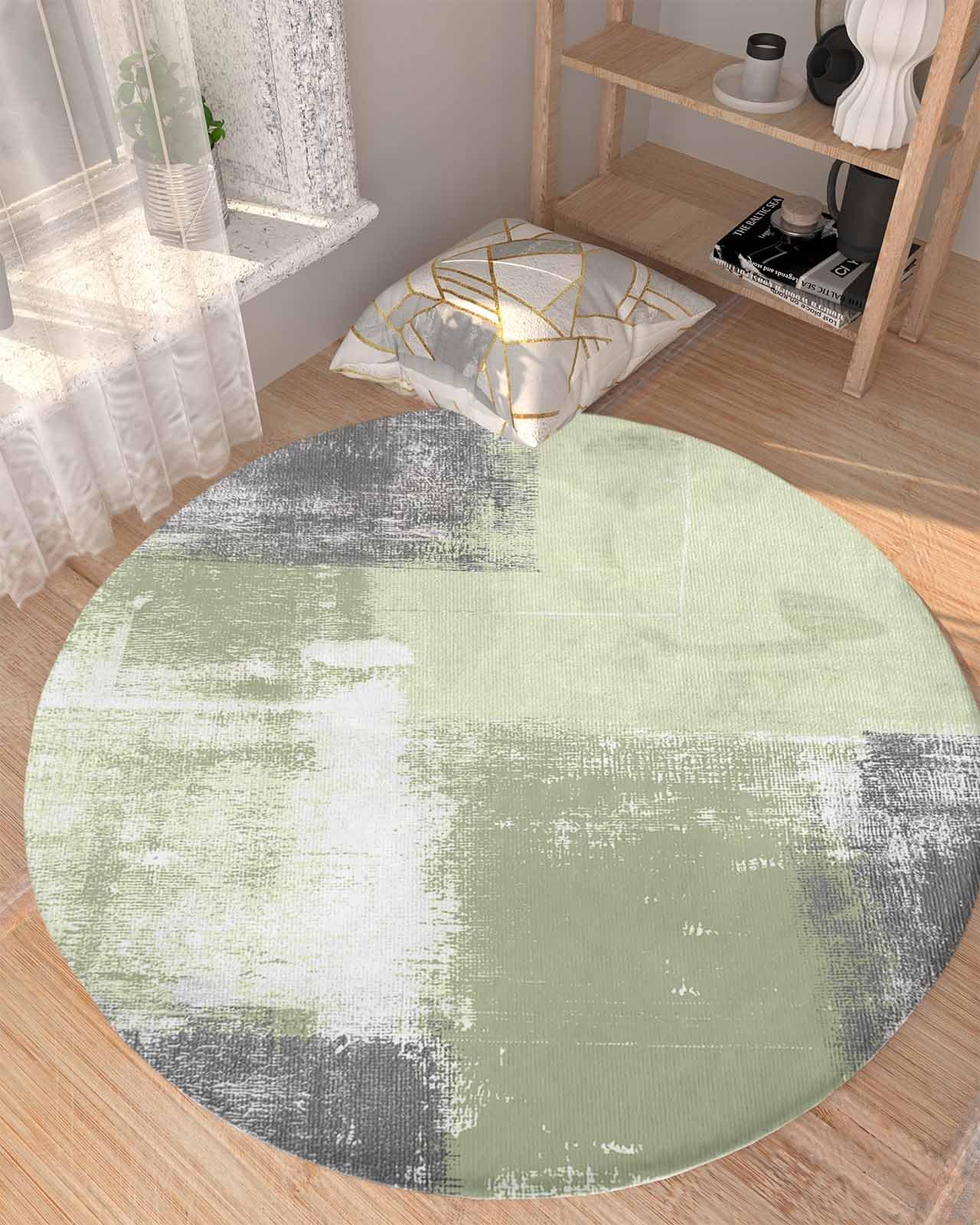 Modern Sage Green Fluffy Round Area Rug Carpets 5ft, Plush Shaggy Carpet Soft Circular Rugs, Non-Slip Fuzzy Accent Floor Mat for Living Room Bedroom Nursery Home Decor Abstract Grey White Painted Art