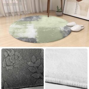 Modern Sage Green Fluffy Round Area Rug Carpets 5ft, Plush Shaggy Carpet Soft Circular Rugs, Non-Slip Fuzzy Accent Floor Mat for Living Room Bedroom Nursery Home Decor Abstract Grey White Painted Art