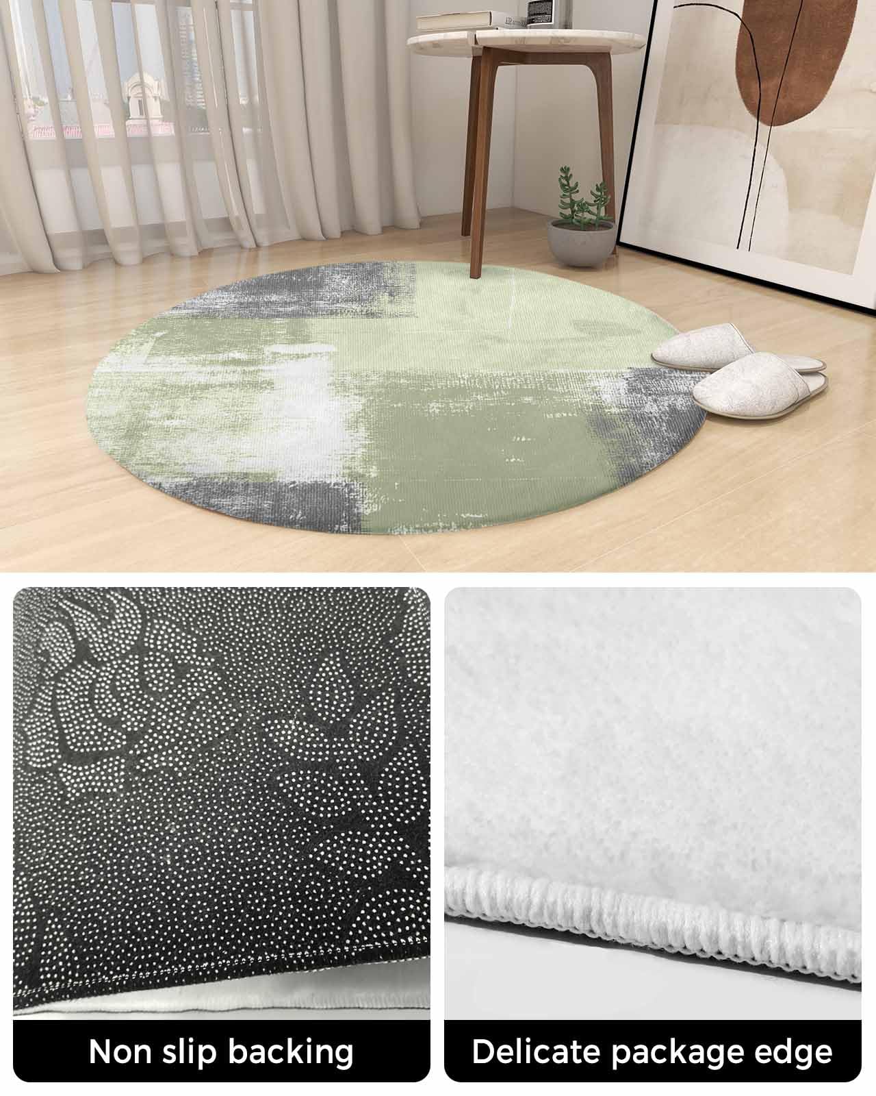 Modern Sage Green Fluffy Round Area Rug Carpets 5ft, Plush Shaggy Carpet Soft Circular Rugs, Non-Slip Fuzzy Accent Floor Mat for Living Room Bedroom Nursery Home Decor Abstract Grey White Painted Art