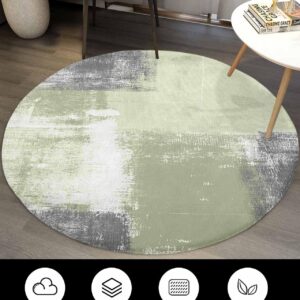 Modern Sage Green Fluffy Round Area Rug Carpets 5ft, Plush Shaggy Carpet Soft Circular Rugs, Non-Slip Fuzzy Accent Floor Mat for Living Room Bedroom Nursery Home Decor Abstract Grey White Painted Art