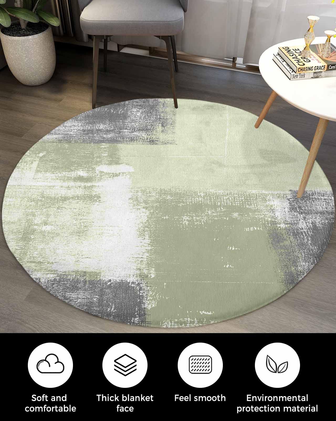 Modern Sage Green Fluffy Round Area Rug Carpets 5ft, Plush Shaggy Carpet Soft Circular Rugs, Non-Slip Fuzzy Accent Floor Mat for Living Room Bedroom Nursery Home Decor Abstract Grey White Painted Art