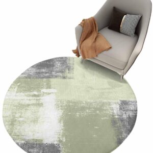 Modern Sage Green Fluffy Round Area Rug Carpets 5ft, Plush Shaggy Carpet Soft Circular Rugs, Non-Slip Fuzzy Accent Floor Mat for Living Room Bedroom Nursery Home Decor Abstract Grey White Painted Art