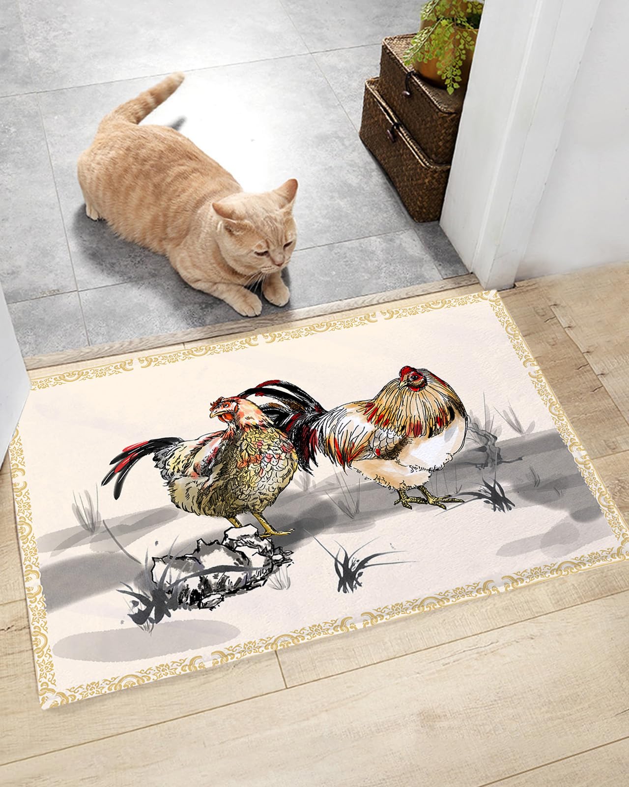 Shag Door Mats Bath Rugs Farmhouse Rooster Ink Art Oriental Art,Soft Fluffy Doormats Non Slip Carpet Farm Animal Retro Border,Shaggy Fuzzy Area Throw Rug for Kitchen/Bathroom/Bedroom 16x24In