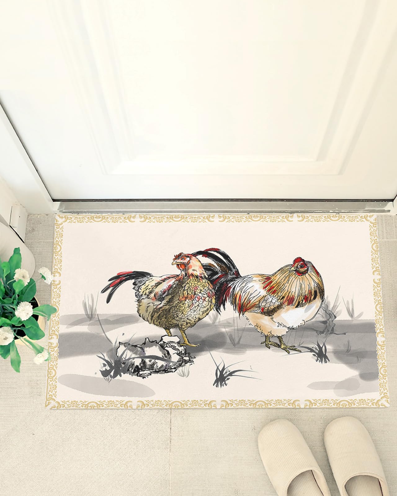 Shag Door Mats Bath Rugs Farmhouse Rooster Ink Art Oriental Art,Soft Fluffy Doormats Non Slip Carpet Farm Animal Retro Border,Shaggy Fuzzy Area Throw Rug for Kitchen/Bathroom/Bedroom 16x24In