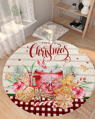 Christmas Fluffy Round Area Rug Carpets 5ft, Plush Shaggy Carpet Soft Circular Rugs, Non-Slip Fuzzy Accent Floor Mat for Living Room Bedroom Nursery Home Decor Farmhouse Country Buffalo Plaid Red