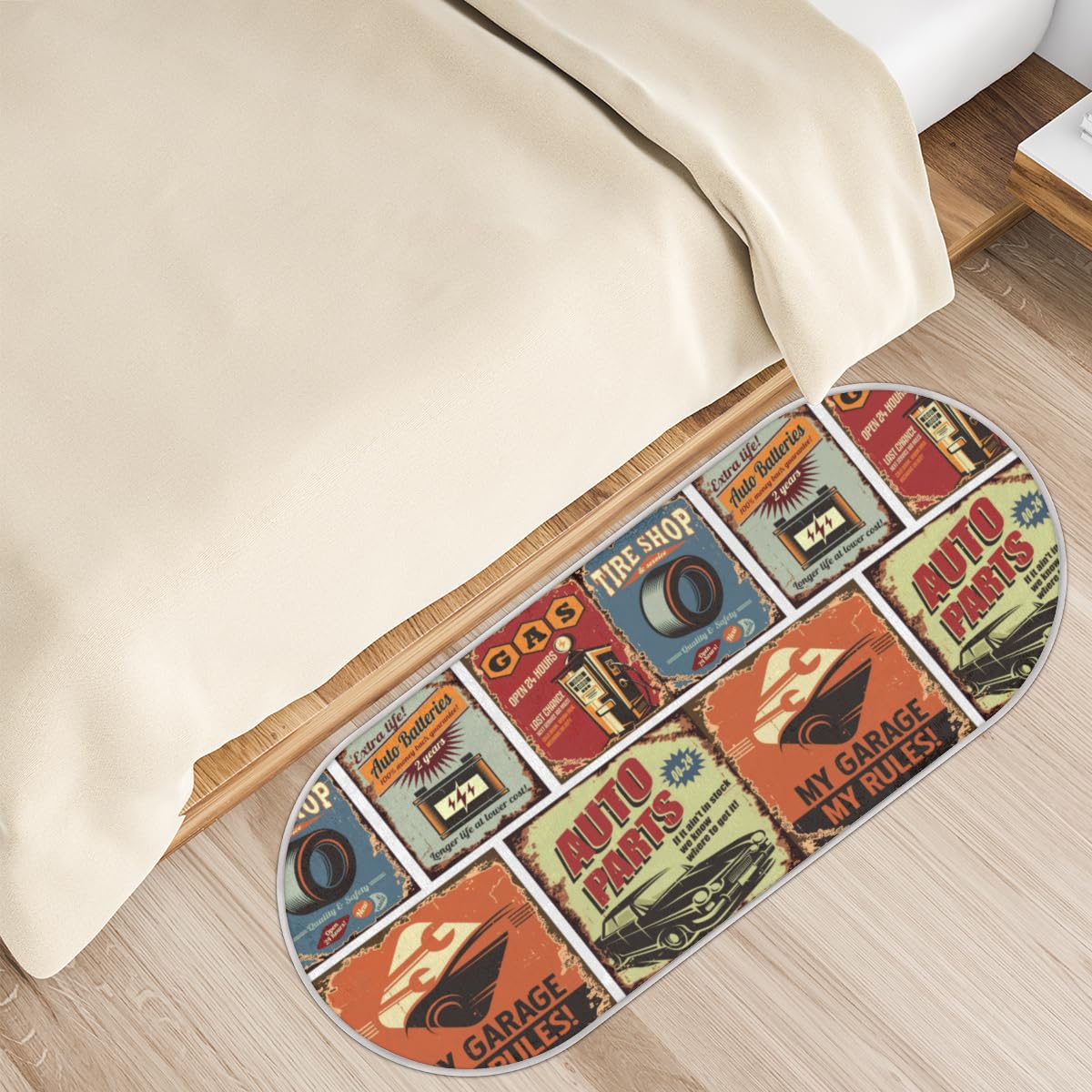 Vintage Car Theme Oval Shaggy Bedroom Rug Ultra Soft Bedroom Rugs Bathroom Non-Slip Fuzzy Rug Kids Room Carpet for Living Room Home Decor 47 × 19 Inches