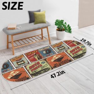 Vintage Car Theme Oval Shaggy Bedroom Rug Ultra Soft Bedroom Rugs Bathroom Non-Slip Fuzzy Rug Kids Room Carpet for Living Room Home Decor 47 × 19 Inches