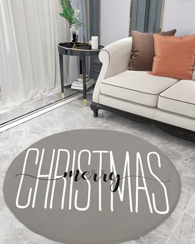 Merry Christmas Fluffy Round Area Rug Carpets 4ft, Plush Shaggy Carpet Soft Circular Rugs, Non-Slip Fuzzy Accent Floor Mat for Living Room Bedroom Nursery Home Decor Grey Xmas Winter Holiday