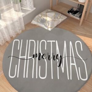 Merry Christmas Fluffy Round Area Rug Carpets 4ft, Plush Shaggy Carpet Soft Circular Rugs, Non-Slip Fuzzy Accent Floor Mat for Living Room Bedroom Nursery Home Decor Grey Xmas Winter Holiday