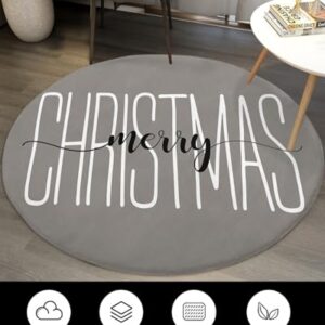 Merry Christmas Fluffy Round Area Rug Carpets 4ft, Plush Shaggy Carpet Soft Circular Rugs, Non-Slip Fuzzy Accent Floor Mat for Living Room Bedroom Nursery Home Decor Grey Xmas Winter Holiday