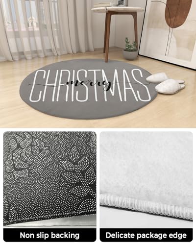 Merry Christmas Fluffy Round Area Rug Carpets 4ft, Plush Shaggy Carpet Soft Circular Rugs, Non-Slip Fuzzy Accent Floor Mat for Living Room Bedroom Nursery Home Decor Grey Xmas Winter Holiday