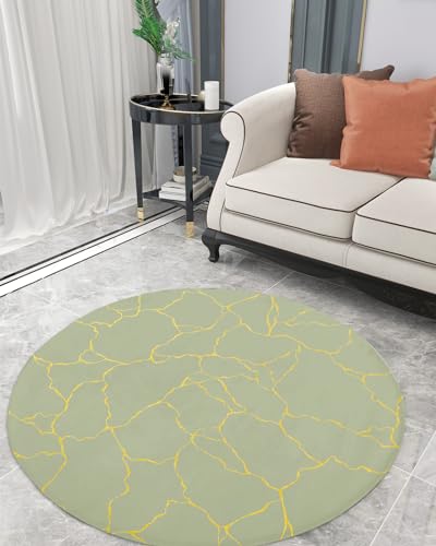 Sage Green Fluffy Round Area Rug Carpets 3.3ft, Plush Shaggy Carpet Soft Circular Rugs, Non-Slip Fuzzy Accent Floor Mat for Living Room Bedroom Nursery Decor Gold Geometric Line Country Rustic Art