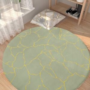 Sage Green Fluffy Round Area Rug Carpets 3.3ft, Plush Shaggy Carpet Soft Circular Rugs, Non-Slip Fuzzy Accent Floor Mat for Living Room Bedroom Nursery Decor Gold Geometric Line Country Rustic Art