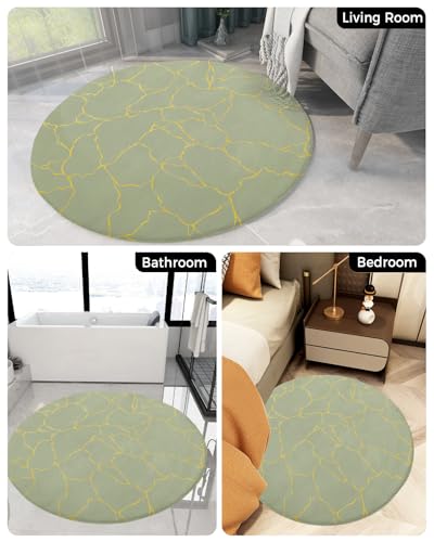 Sage Green Fluffy Round Area Rug Carpets 3.3ft, Plush Shaggy Carpet Soft Circular Rugs, Non-Slip Fuzzy Accent Floor Mat for Living Room Bedroom Nursery Decor Gold Geometric Line Country Rustic Art