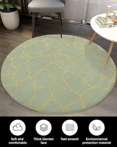 Sage Green Fluffy Round Area Rug Carpets 3.3ft, Plush Shaggy Carpet Soft Circular Rugs, Non-Slip Fuzzy Accent Floor Mat for Living Room Bedroom Nursery Decor Gold Geometric Line Country Rustic Art