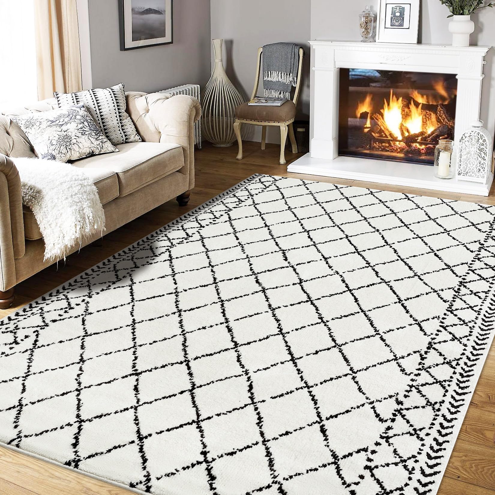 FairOnly Modern Area Rug 4x6 Shag Plush Rug Lattice Fluffy Rug Geometric Rugs for Living Room Bedroom Moroccan Carpet Low-Pile Indoor Soft Non-Slip Accent Rug Farmhouse Office Home Decor