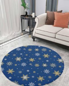 navy gold snowflake fluffy round area rug carpets 3.3ft, plush shaggy carpet soft circular rugs, non-slip fuzzy accent floor mat for living room bedroom nursery decor christmas minimalist white blue