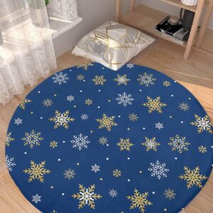 Navy Gold Snowflake Fluffy Round Area Rug Carpets 3.3ft, Plush Shaggy Carpet Soft Circular Rugs, Non-Slip Fuzzy Accent Floor Mat for Living Room Bedroom Nursery Decor Christmas Minimalist White Blue