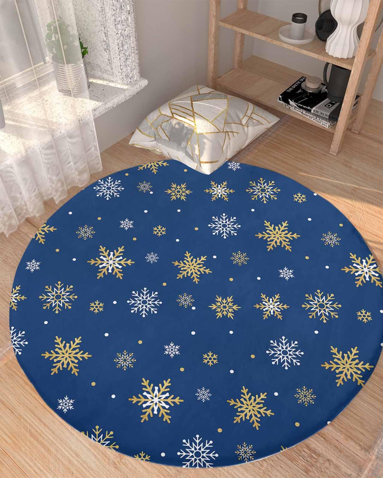 Navy Gold Snowflake Fluffy Round Area Rug Carpets 3.3ft, Plush Shaggy Carpet Soft Circular Rugs, Non-Slip Fuzzy Accent Floor Mat for Living Room Bedroom Nursery Decor Christmas Minimalist White Blue