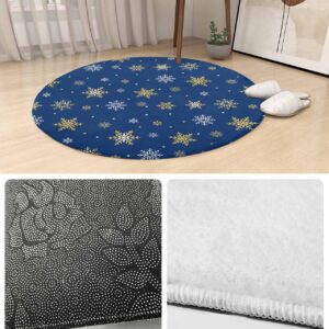 Navy Gold Snowflake Fluffy Round Area Rug Carpets 3.3ft, Plush Shaggy Carpet Soft Circular Rugs, Non-Slip Fuzzy Accent Floor Mat for Living Room Bedroom Nursery Decor Christmas Minimalist White Blue