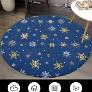 Navy Gold Snowflake Fluffy Round Area Rug Carpets 3.3ft, Plush Shaggy Carpet Soft Circular Rugs, Non-Slip Fuzzy Accent Floor Mat for Living Room Bedroom Nursery Decor Christmas Minimalist White Blue