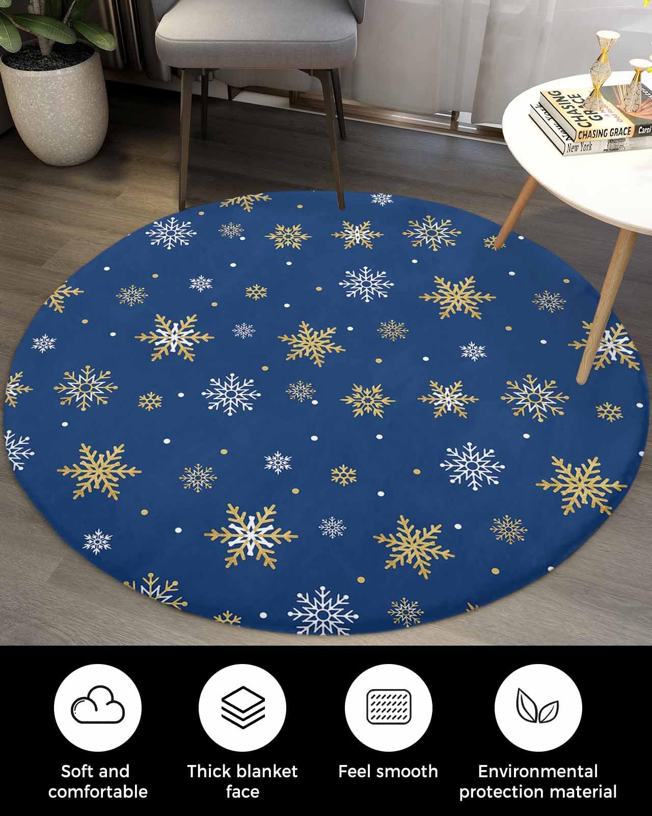 Navy Gold Snowflake Fluffy Round Area Rug Carpets 3.3ft, Plush Shaggy Carpet Soft Circular Rugs, Non-Slip Fuzzy Accent Floor Mat for Living Room Bedroom Nursery Decor Christmas Minimalist White Blue