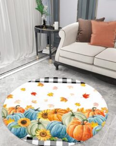 autumn pumpkin fluffy round area rug carpets 5ft, plush shaggy carpet soft circular rugs, non-slip fuzzy accent floor mat for living room bedroom nursery home decor thanksgiving fall plaid leaves