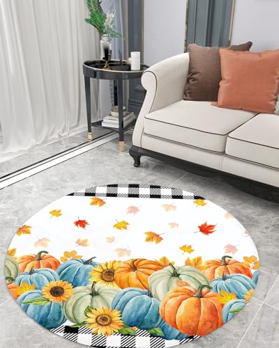 Autumn Pumpkin Fluffy Round Area Rug Carpets 5ft, Plush Shaggy Carpet Soft Circular Rugs, Non-Slip Fuzzy Accent Floor Mat for Living Room Bedroom Nursery Home Decor Thanksgiving Fall Plaid Leaves