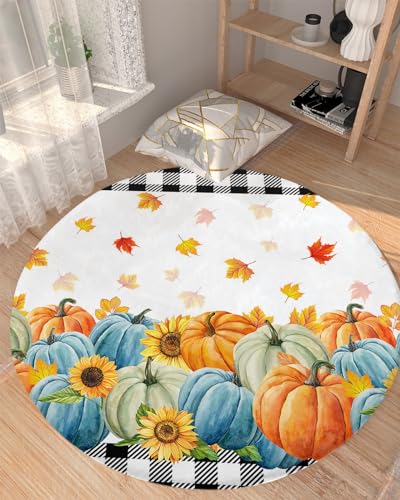 Autumn Pumpkin Fluffy Round Area Rug Carpets 5ft, Plush Shaggy Carpet Soft Circular Rugs, Non-Slip Fuzzy Accent Floor Mat for Living Room Bedroom Nursery Home Decor Thanksgiving Fall Plaid Leaves