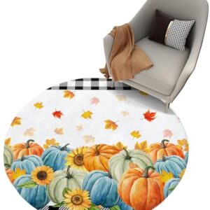 Autumn Pumpkin Fluffy Round Area Rug Carpets 5ft, Plush Shaggy Carpet Soft Circular Rugs, Non-Slip Fuzzy Accent Floor Mat for Living Room Bedroom Nursery Home Decor Thanksgiving Fall Plaid Leaves