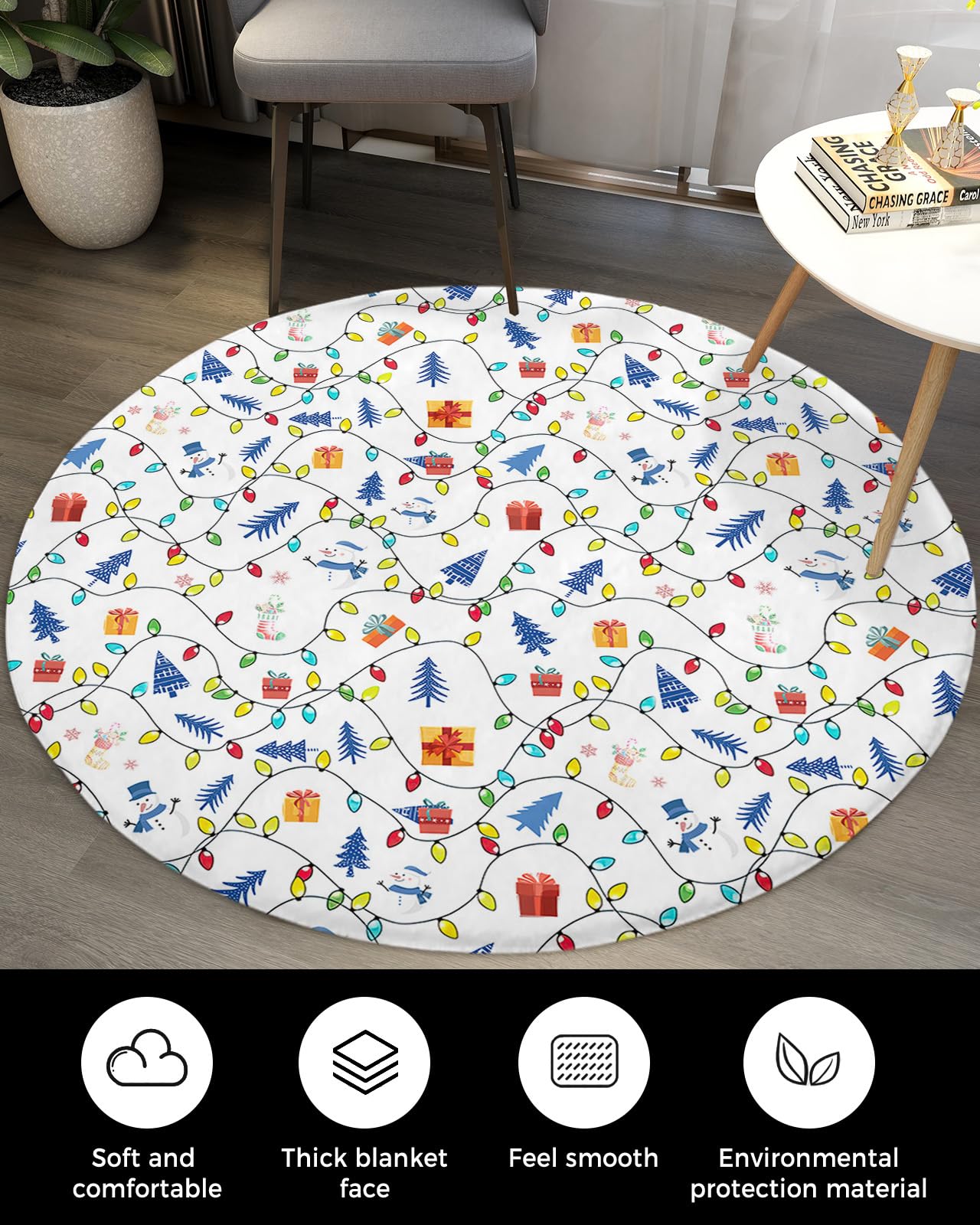 Colorful Christmas Fluffy Round Area Rug Carpets 5ft, Plush Shaggy Carpet Soft Circular Rugs, Non-Slip Fuzzy Accent Floor Mat for Living Room Bedroom Nursery Home Decor Xmas Snowman Pine Tree