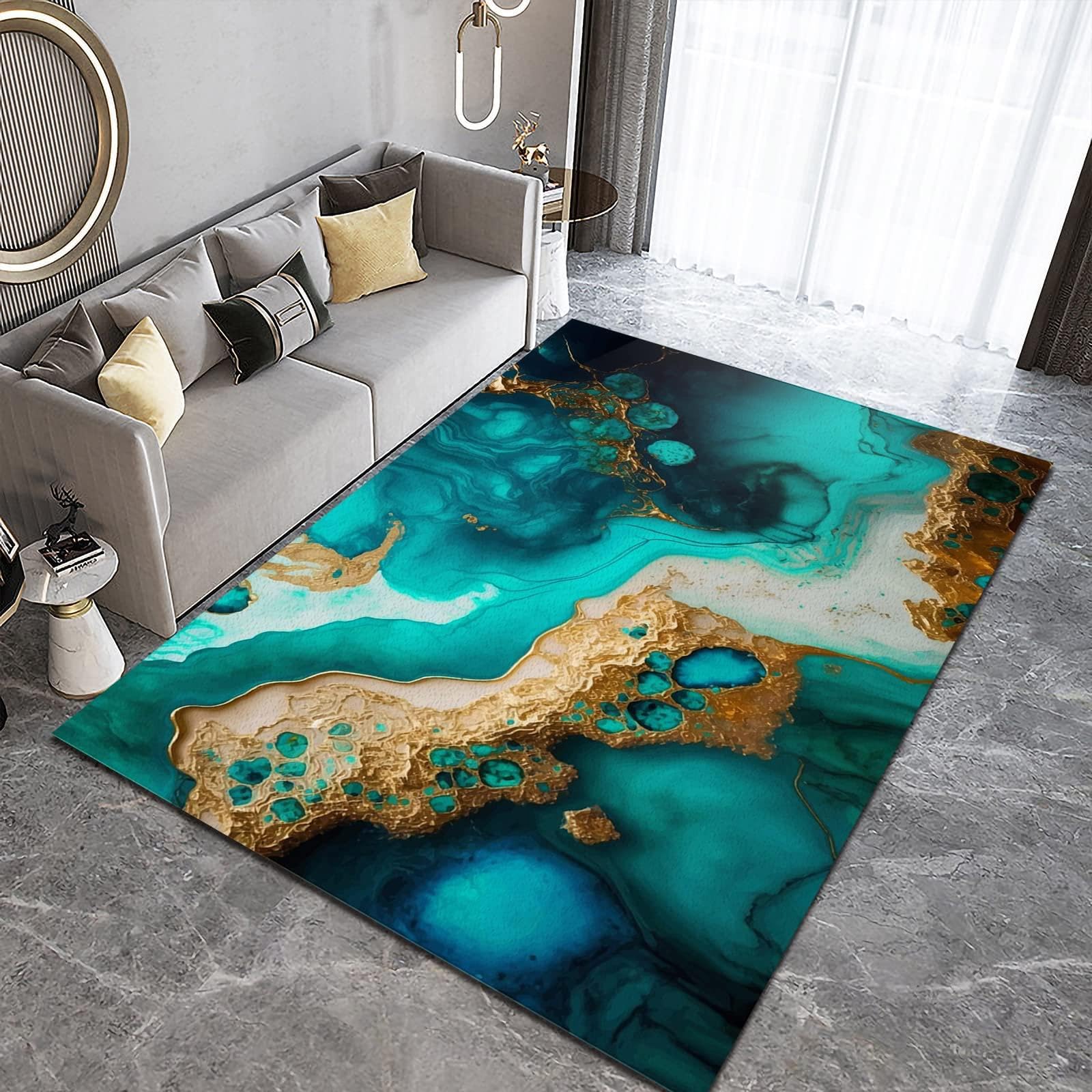 Light Luxury Turquoise Jade Texture Printed Area Rugs, Abstract Gold Marble Minimalist Washable Rug, Soft Fluffy Large Floor Carpet for Bed Room Living Room Dining Room Kitchen 3x4ft