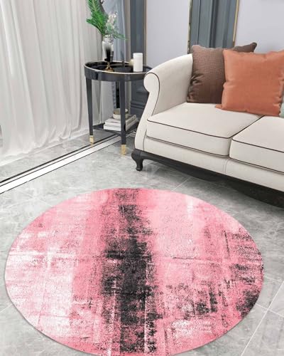 Modern Abstract Fluffy Round Area Rug Carpets 3ft, Plush Shaggy Carpet Soft Circular Rugs, Non-Slip Fuzzy Accent Floor Mat for Living Room Bedroom Nursery Blush Pink Painted Geometric Graffiti Art