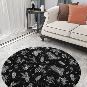 Christmas Flower Fluffy Round Area Rug Carpets 3.3ft, Plush Shaggy Carpet Soft Circular Rugs, Non-Slip Fuzzy Accent Floor Mat for Living Room Bedroom Nursery Decor Black White Pine Tree Leaves Cone