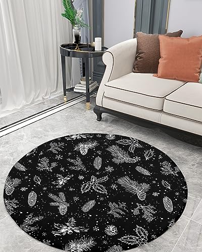 Christmas Flower Fluffy Round Area Rug Carpets 3.3ft, Plush Shaggy Carpet Soft Circular Rugs, Non-Slip Fuzzy Accent Floor Mat for Living Room Bedroom Nursery Decor Black White Pine Tree Leaves Cone