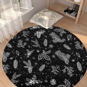 Christmas Flower Fluffy Round Area Rug Carpets 3.3ft, Plush Shaggy Carpet Soft Circular Rugs, Non-Slip Fuzzy Accent Floor Mat for Living Room Bedroom Nursery Decor Black White Pine Tree Leaves Cone