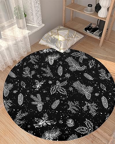 Christmas Flower Fluffy Round Area Rug Carpets 3.3ft, Plush Shaggy Carpet Soft Circular Rugs, Non-Slip Fuzzy Accent Floor Mat for Living Room Bedroom Nursery Decor Black White Pine Tree Leaves Cone