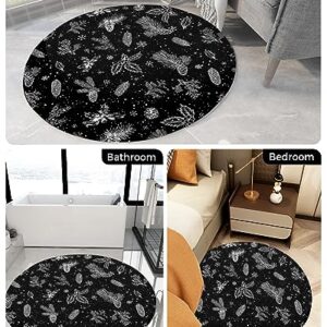 Christmas Flower Fluffy Round Area Rug Carpets 3.3ft, Plush Shaggy Carpet Soft Circular Rugs, Non-Slip Fuzzy Accent Floor Mat for Living Room Bedroom Nursery Decor Black White Pine Tree Leaves Cone